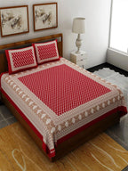 UNIQCHOICE Red & White Ethnic Motifs Pure Cotton 120 TC Queen Bedsheet & 2 Pillow Covers