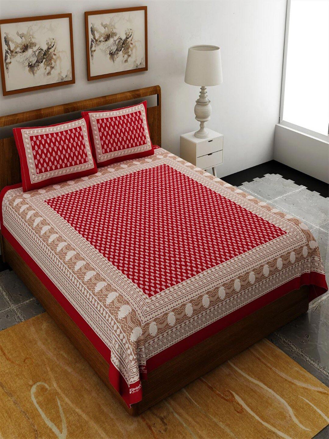 UNIQCHOICE Red & White Ethnic Motifs Pure Cotton 120 TC Queen Bedsheet & 2 Pillow Covers