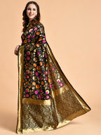 Sangria Black & Pink Floral Zari Silk Blend Banarasi Saree