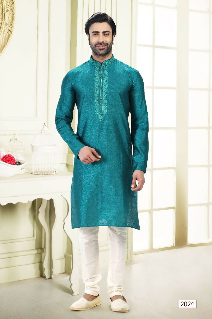Raivat Ethnic Jacquard Banarasi Silk Thread Work Kurta Pajama In Blue Colour - Distacart