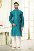 Raivat Ethnic Jacquard Banarasi Silk Thread Work Kurta Pajama In Blue Colour - Distacart