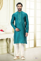 Raivat Ethnic Jacquard Banarasi Silk Thread Work Kurta Pajama In Blue Colour - Distacart