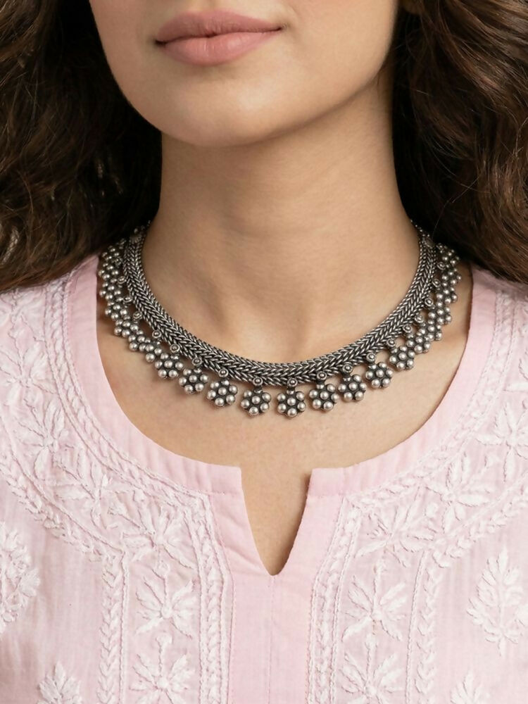 NVR Women Oxidised Silver Beaded Necklace