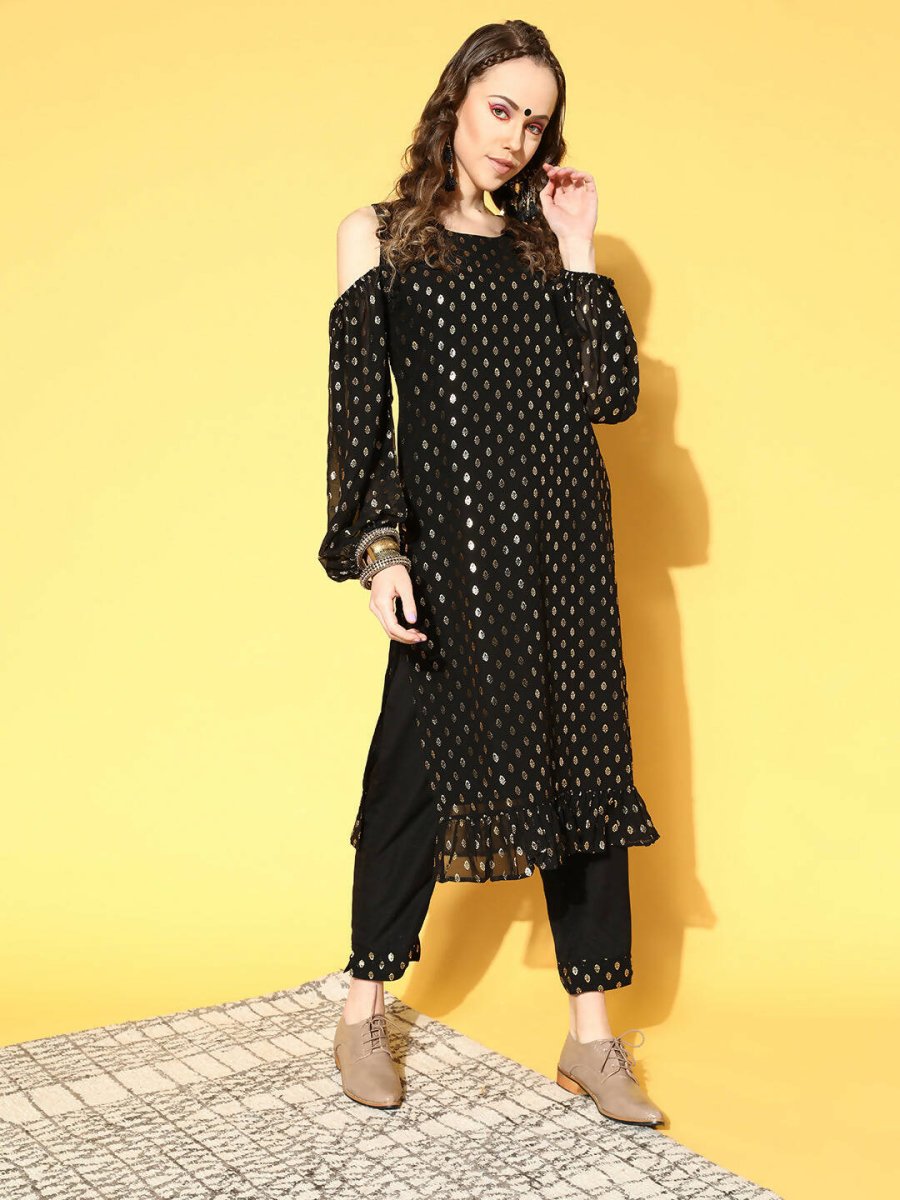 Ahalyaa Women Black Colour Georgette Gold Foil Printed Kurta Pant Set - Distacart