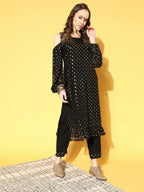 Ahalyaa Women Black Colour Georgette Gold Foil Printed Kurta Pant Set - Distacart