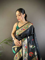 Joban Fashion Black Zari Woven Floral Motifs Soft Silk Paithani Silk Saree - Distacart
