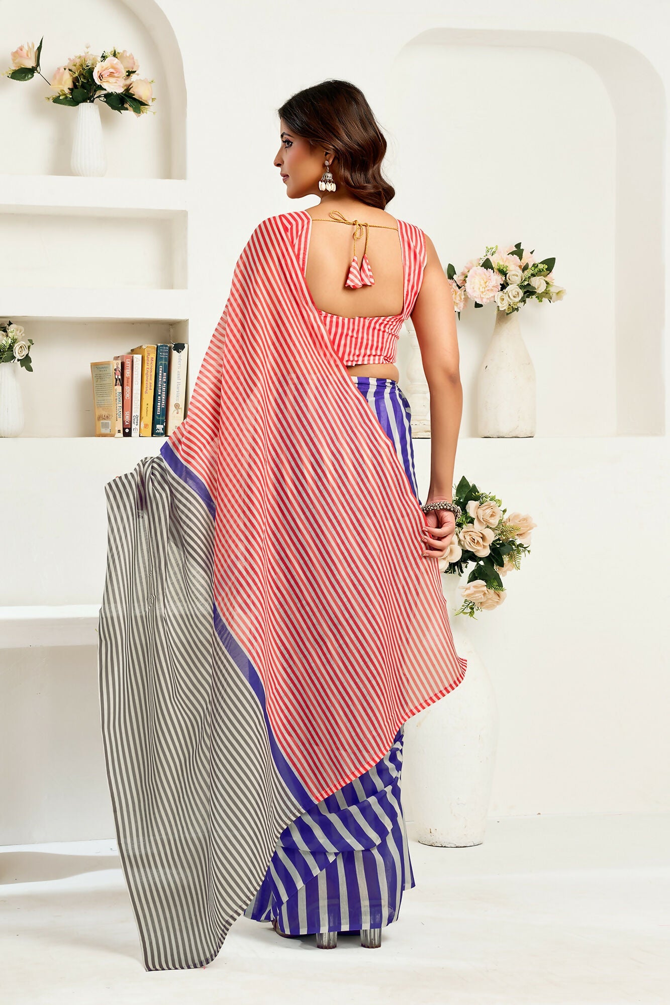 Vastranavya Royal Blue Digital Printed Linen Ready To Wear Designer Saree with Unstitched Blouse - Distacart