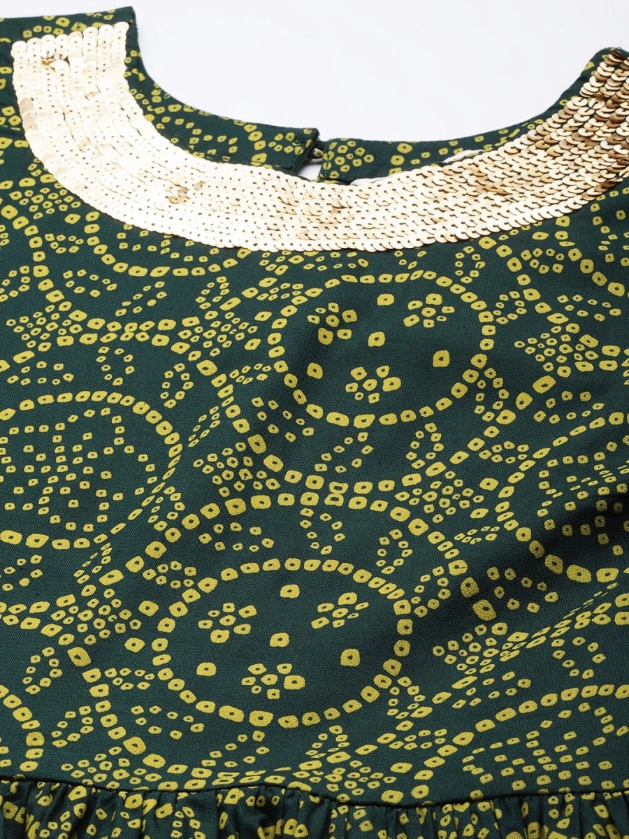 All About You Women Green Bandhani Printed Gathered Sequinned Kurti with Palazzos