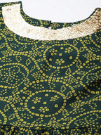 All About You Women Green Bandhani Printed Gathered Sequinned Kurti with Palazzos