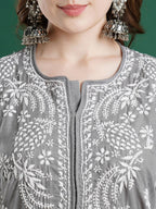 ADA Women Grey & White Chikankari Embroidered Straight Kurta