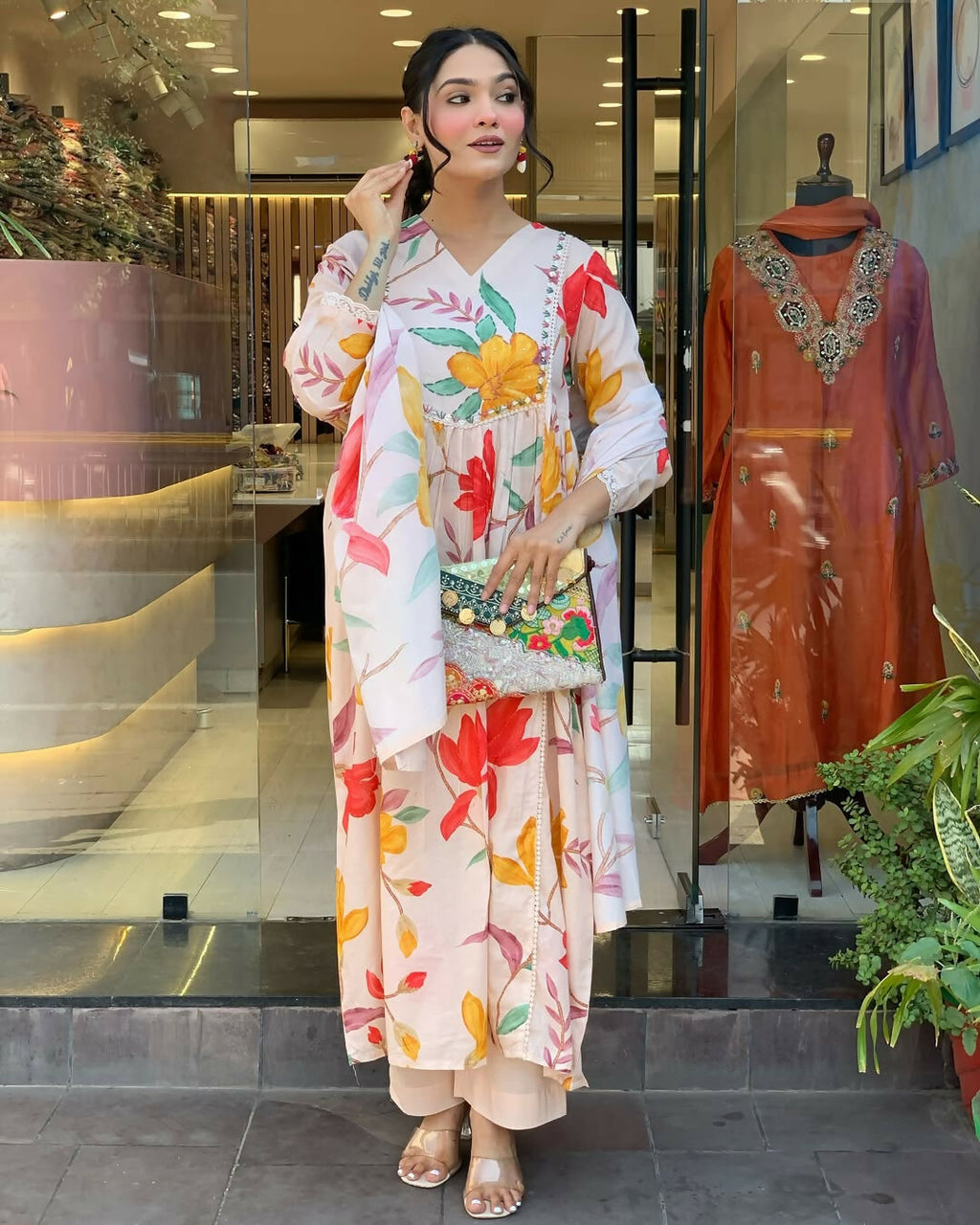 The52 Peach Women's Gorgeous Cotton Fabric Printed Work Straight Kurta Pant and Dupatta Set - Distacart