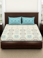 SPACES Reagalis Cream Ethnic Motifs 140 TC Cotton Queen Bedsheet & 2 Pillow Covers