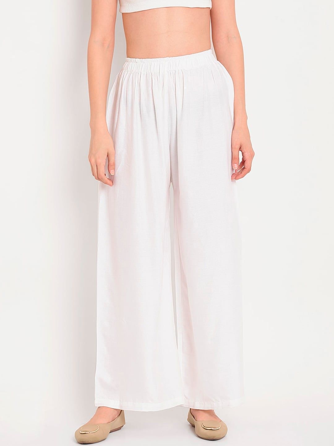 TAG 7 Women White Solid Flared Palazzos