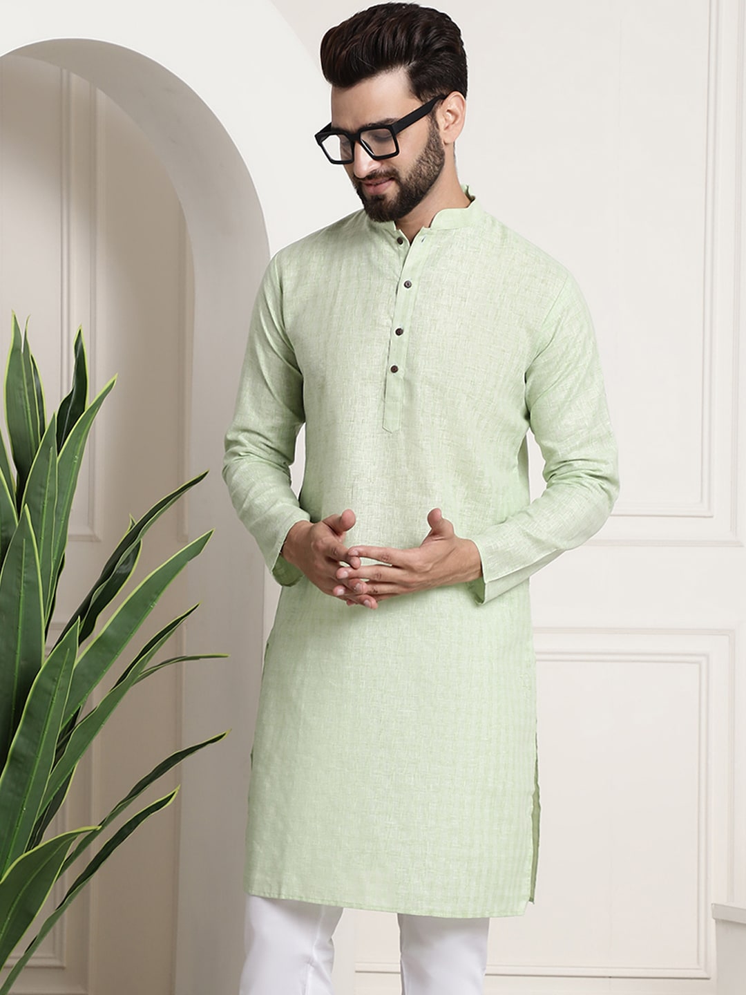 Sojanya Men Green Dobby Checked Straight Kurta