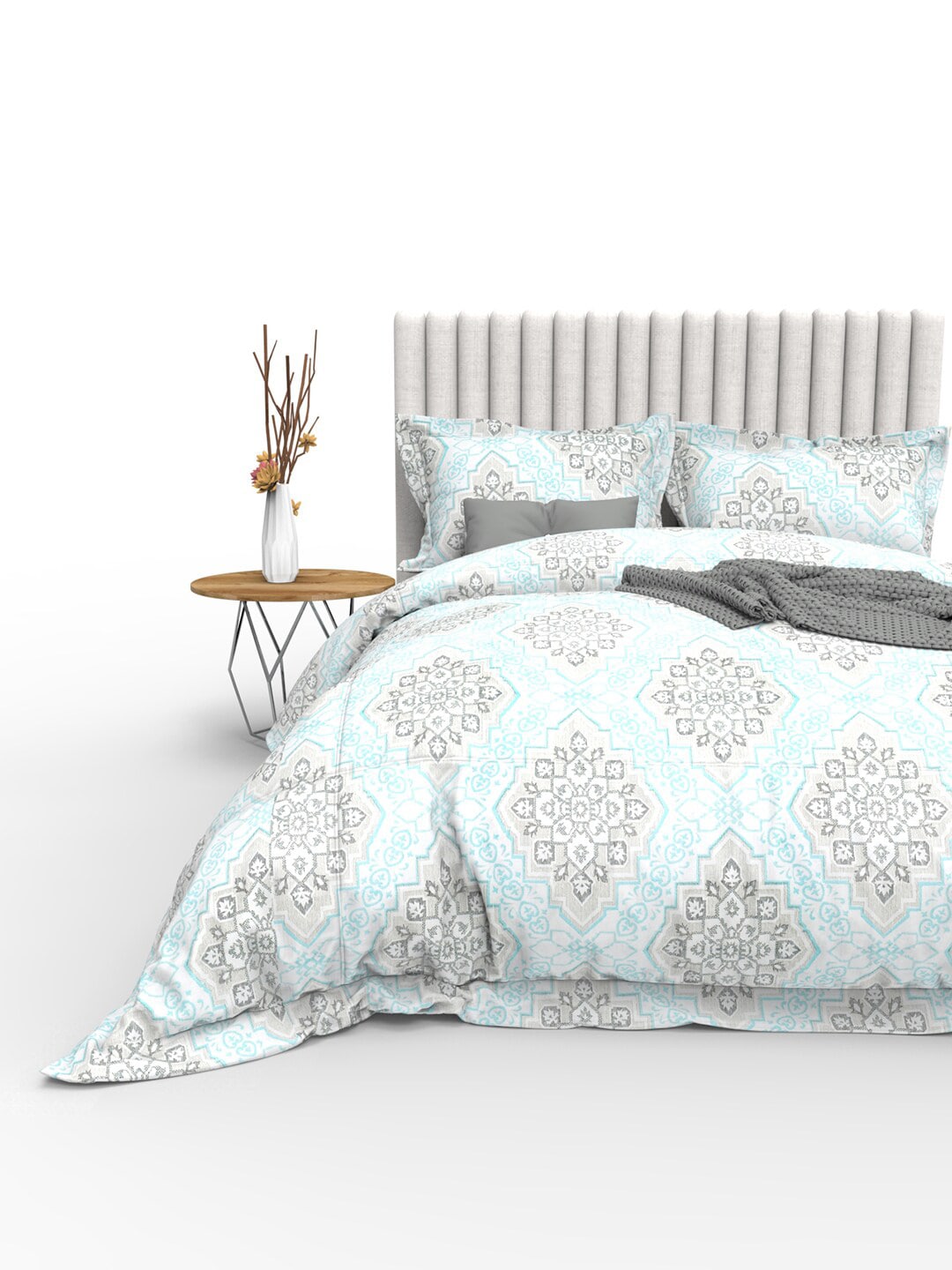 THE WHITE MOSS Blue & Grey Ethnic Motifs 350 TC Cotton King Bedsheet with 2 Pillow Covers