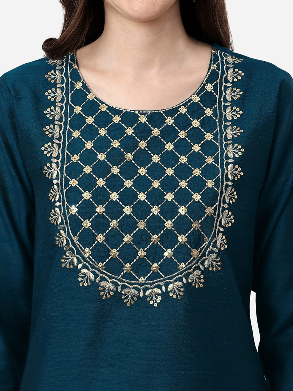 HERE&NOW Women Teal Ethnic Motifs Embroidered Kurta