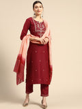 Sangria Women Red Ethnic Motifs Embroidered Pure Cotton Kurta with Trousers & With Dupatta