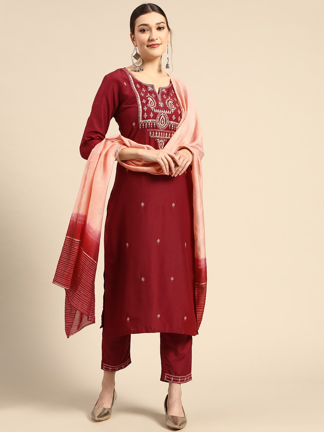Sangria Women Red Ethnic Motifs Embroidered Pure Cotton Kurta with Trousers & With Dupatta