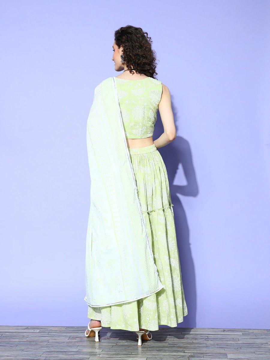 Ahalyaa Pure Cotton Green & White Printed Khari Print Ready to Wear Lehenga & Blouse With Dupatta