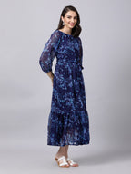 Souchii Navy Blue Floral Layered Chiffon A-Line Midi Dress - Distacart