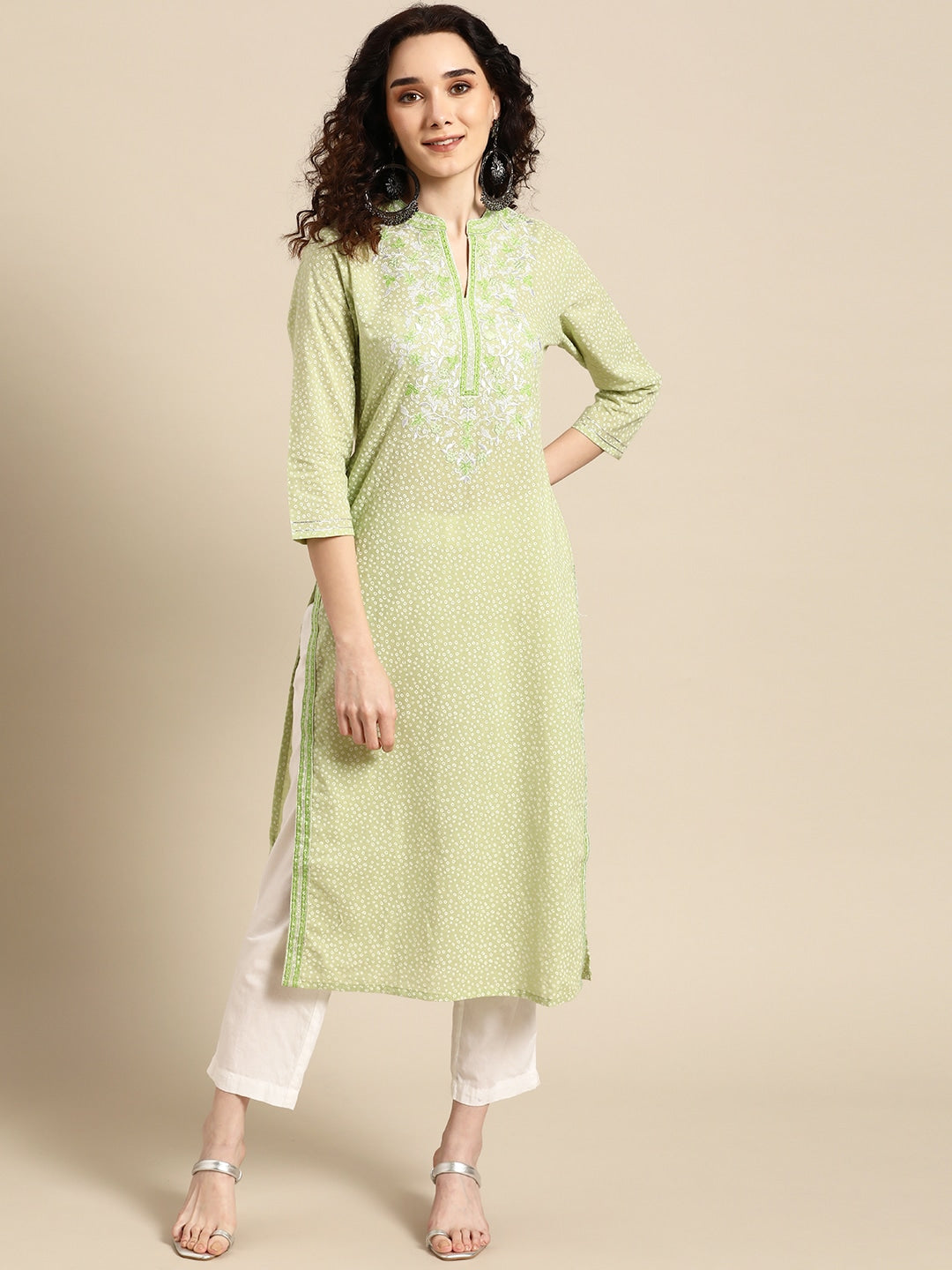 Sangria Women Green Floral Yoke Design Thread Work Pastels Kurta