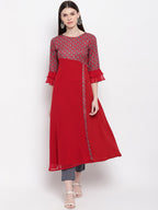 Janasya Maroon & White Yoke Design A-Line Kurta - Distacart