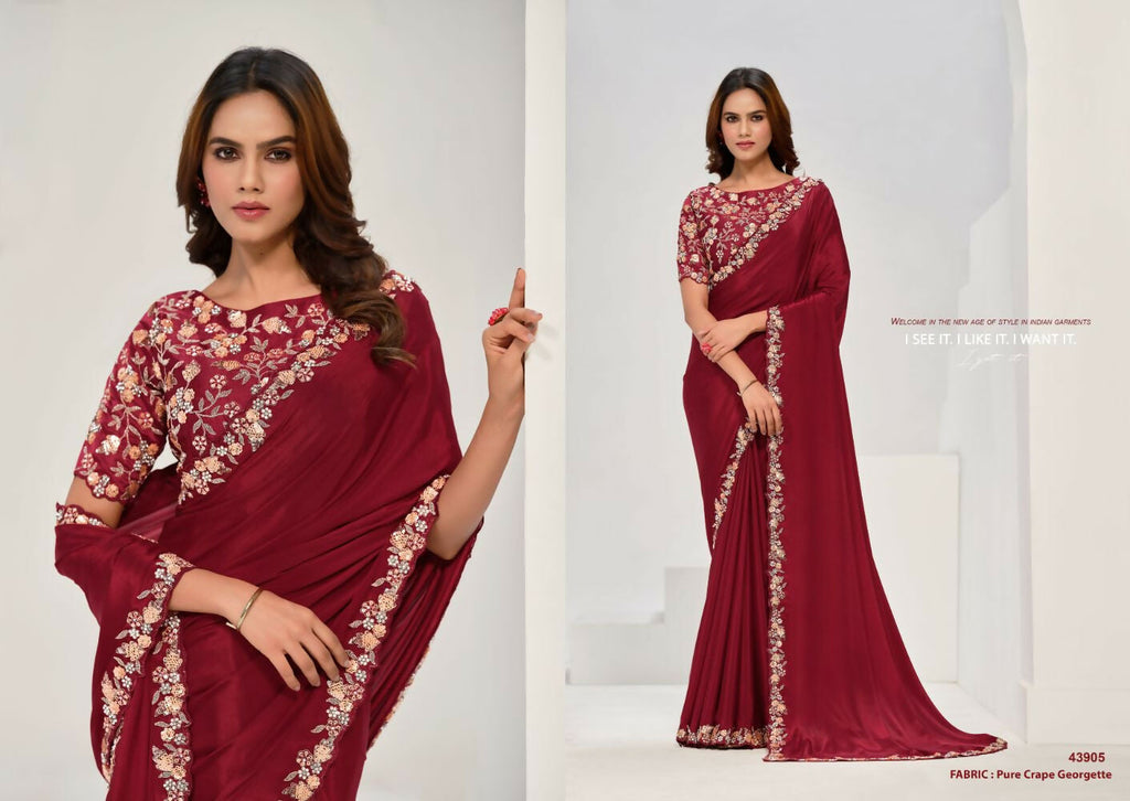 Maroon Pure Crepe Georgette Sequence Saree with Unstitched Blouse - Norita Saanjh