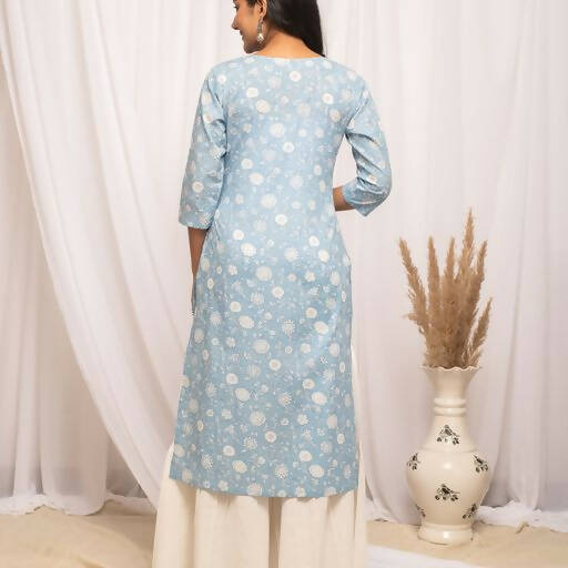 FIORRA Women's Floral Printed Sky Blue Cotton Straight Kurta