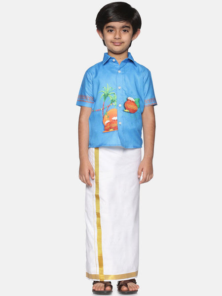 Sethukrishna Boys Traditional Boys Blue & White Printed Shirt with Dhoti