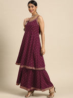 Sangria Women Burgundy & Golden Ethnic Motifs Printed Kurta with Sharara & Dupatta - Distacart