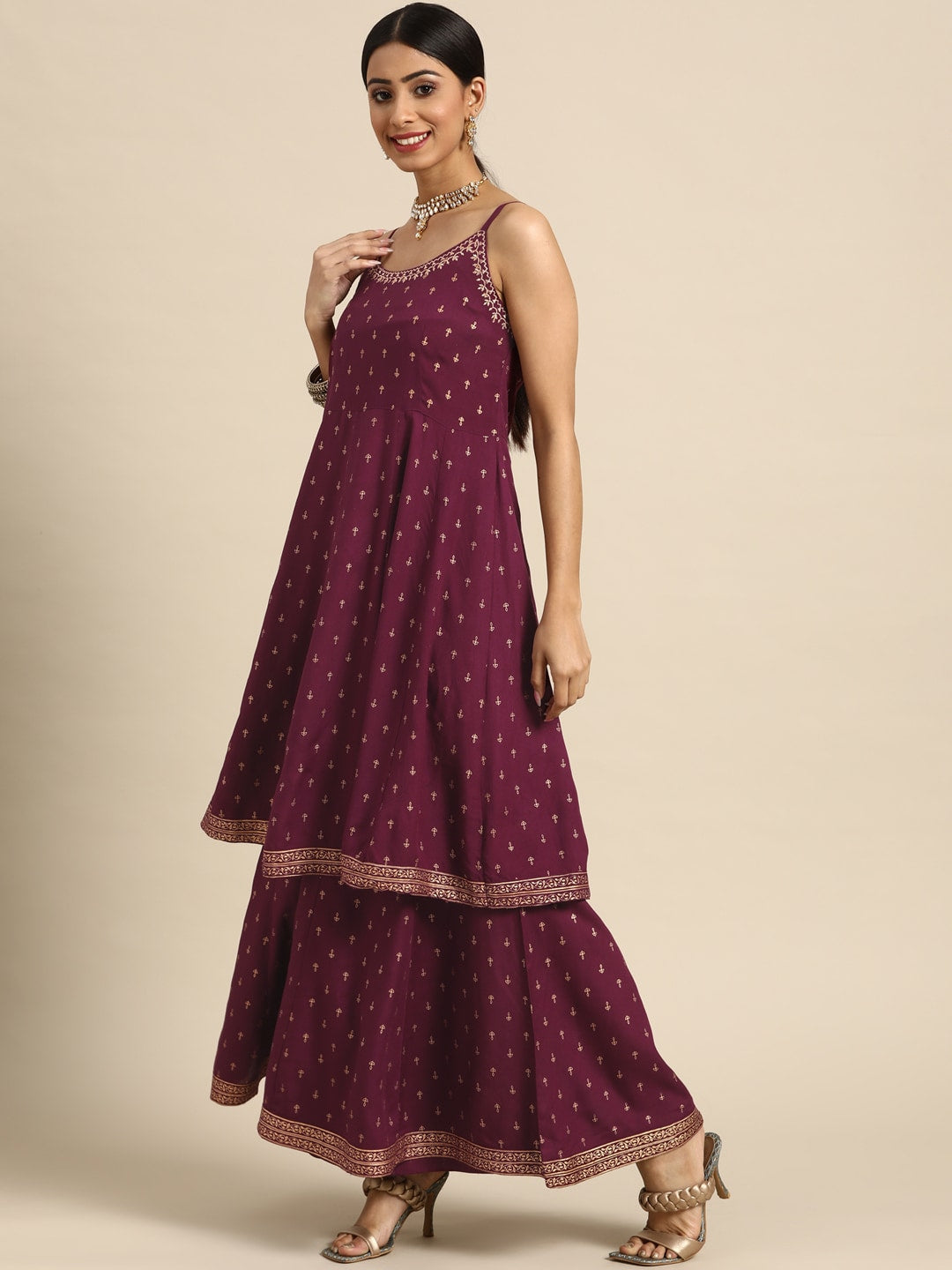 Sangria Women Burgundy & Golden Ethnic Motifs Printed Kurta with Sharara & Dupatta - Distacart