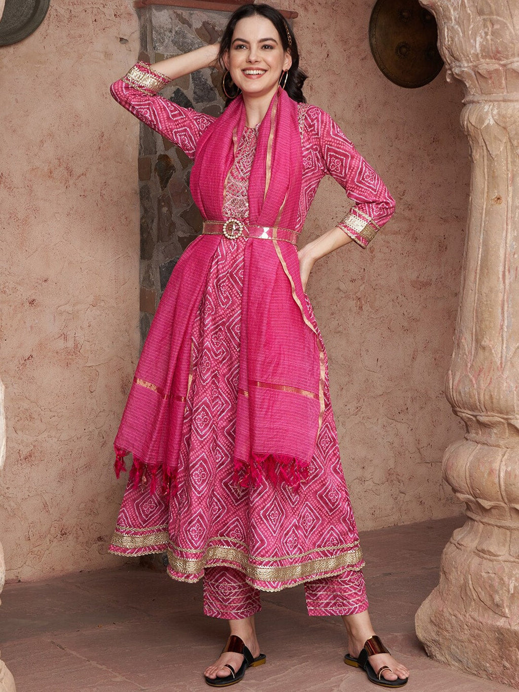 Sangria Bandhani Printed Thread Work Pure Cotton A-Line Kurta with Trousers & Dupatta