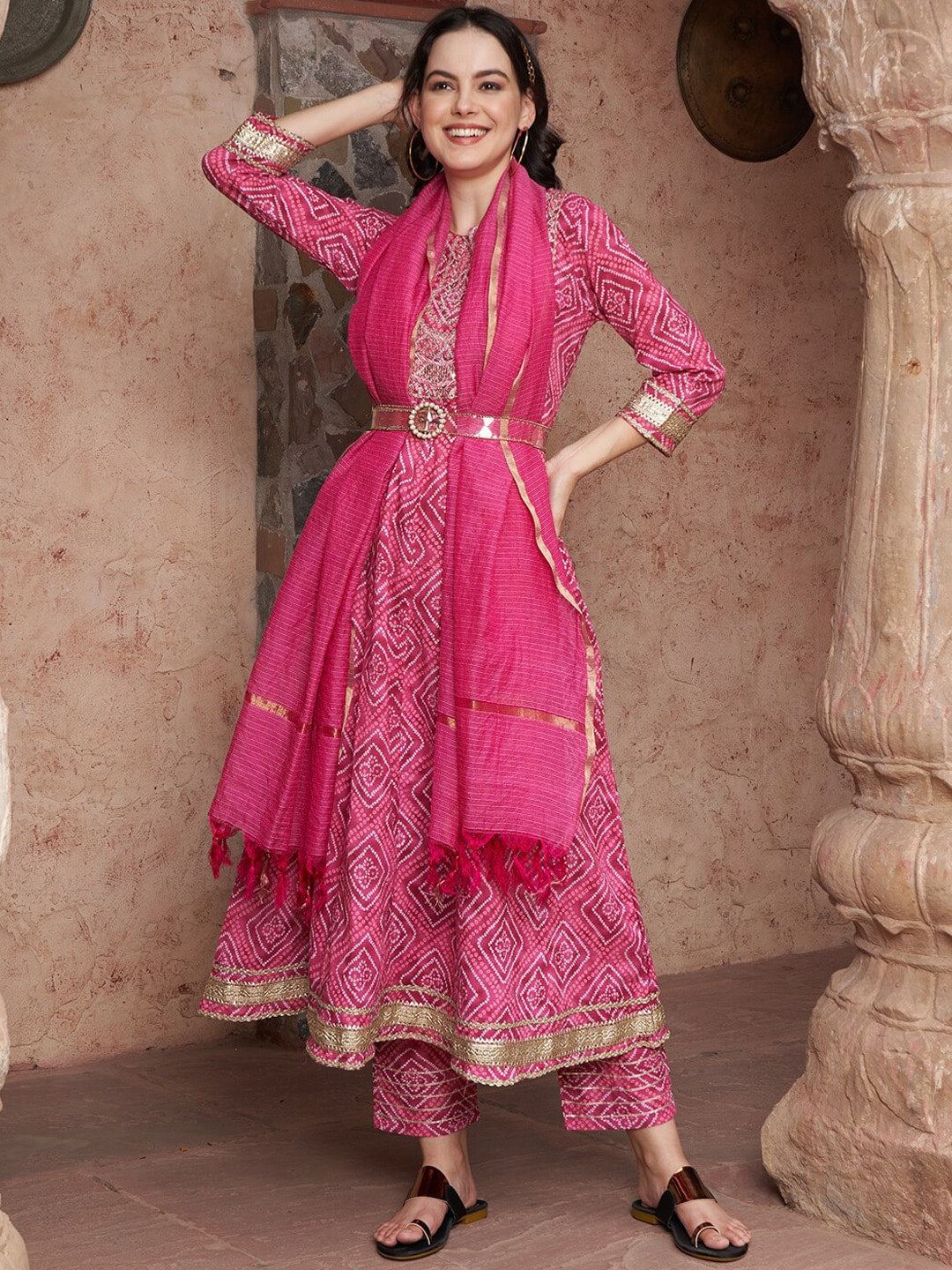 Sangria Bandhani Printed Thread Work Pure Cotton A-Line Kurta with Trousers & Dupatta