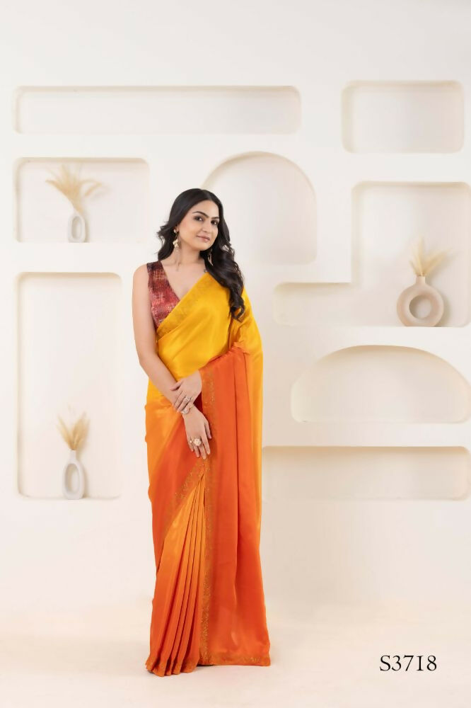 Yellow Satin Pedding Designer, Printed Party Wear Ready To Wear Saree - Femina