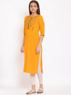 HERE&NOW Yellow Geometric Yoke Design Thread Work Kurta