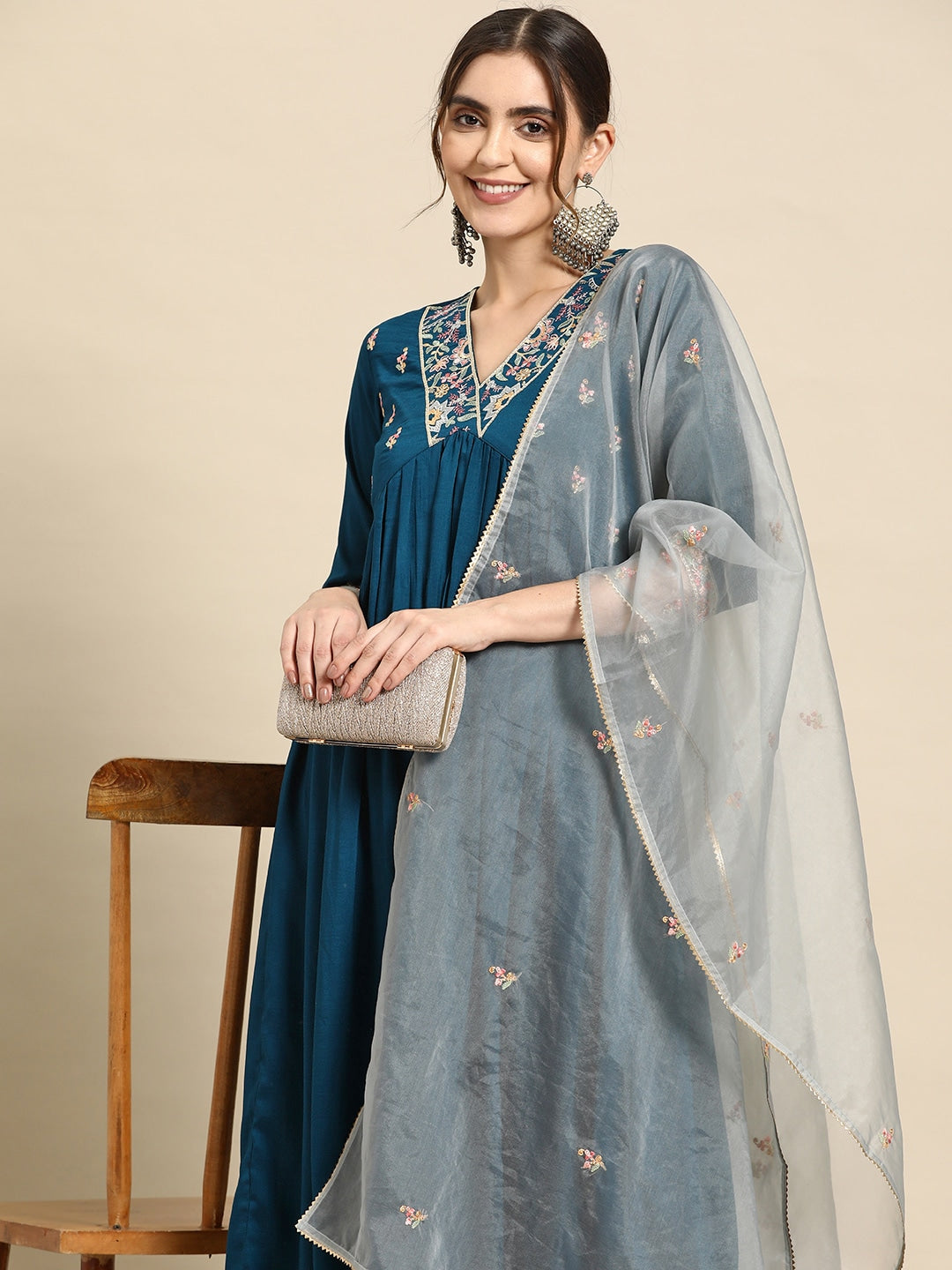 Sangria Floral Embroidered Empire Thread Work Kurta With Palazzos & Dupatta