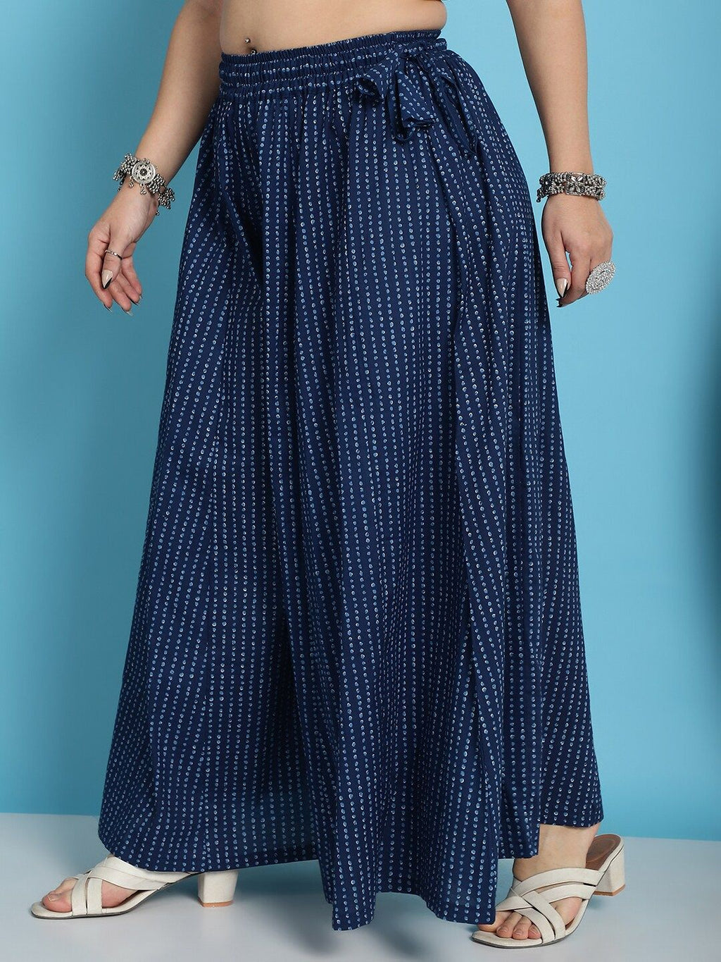 TAG 7 Plus Size Polka Dot Printed Pure Cotton Flared Ethnic Palazzo