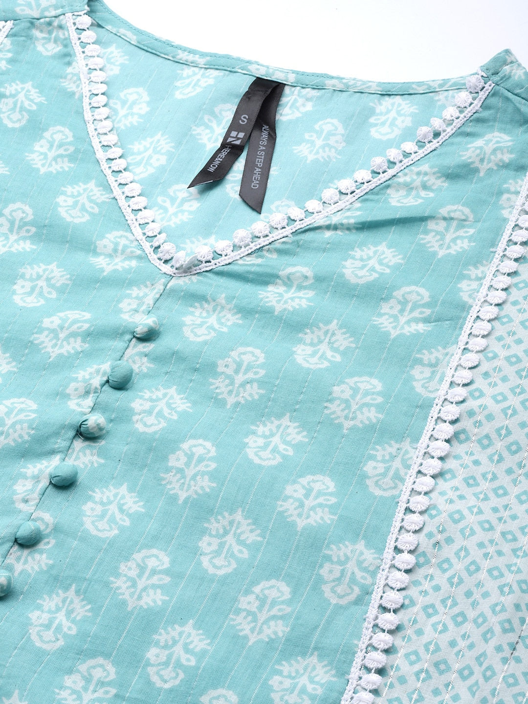 HERE&NOW Women Turquoise Blue Floral Printed Pure Cotton Kurta with Palazzos & With Dupatta