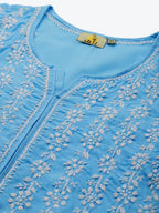ADA Women Blue & White Ethnic Motifs Hand Embroidered Chikankari Handloom Kurta