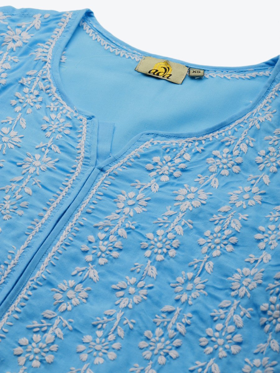 ADA Women Blue & White Ethnic Motifs Hand Embroidered Chikankari Handloom Kurta