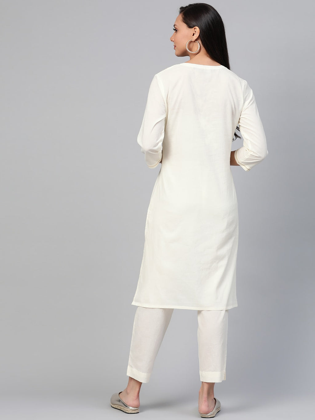 Sangria Women Off-White & Golden Yoke Design Kurta with Trousers