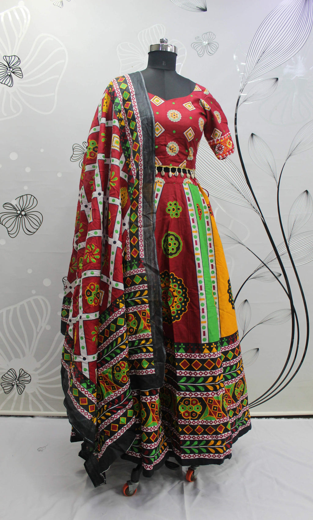 Multi Color Pure Cotton Hand Block Print Navratri Lehenga Choli with Dupatta - Raas