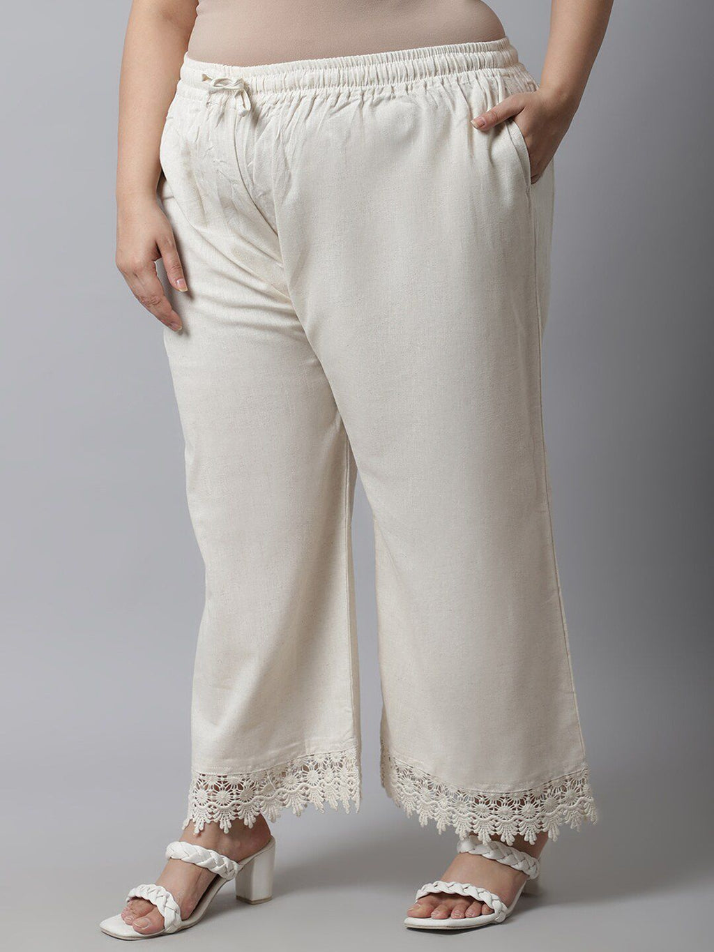 TAG 7 Women Plus Size Cream-Coloured Linen Ethnic Palazzos