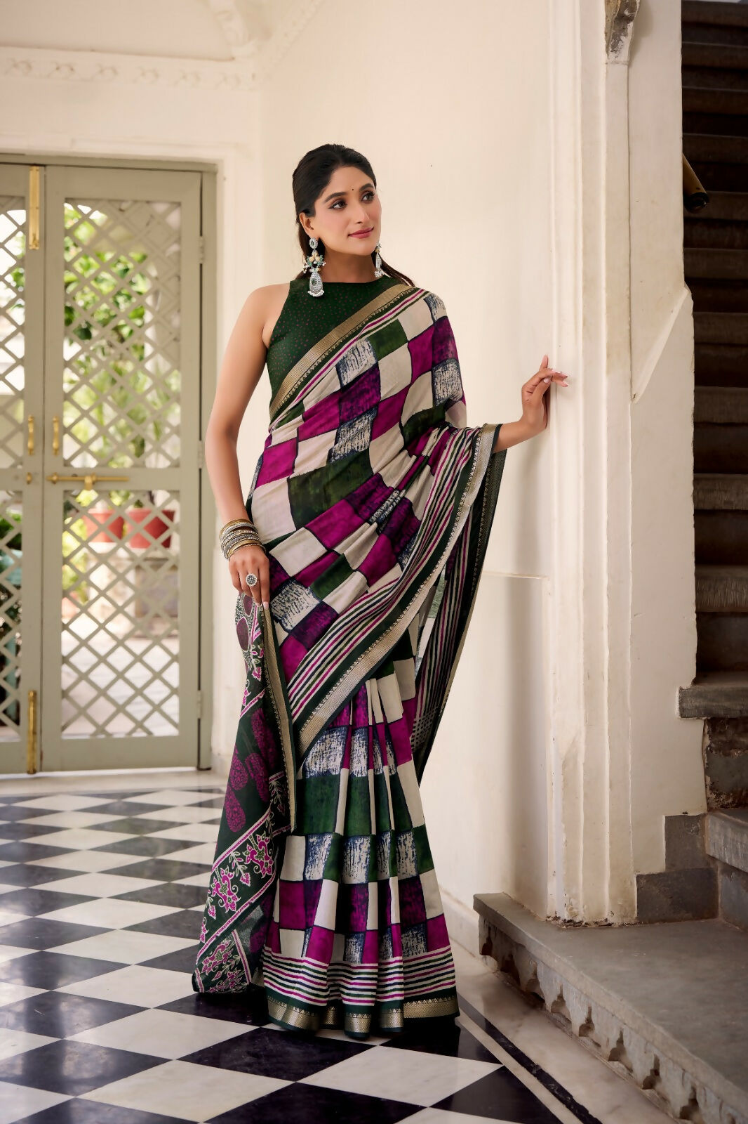 Vastranavya Green Viscose Chanderi Printed with Temple Border Saree & Unstitched Blouse - Distacart