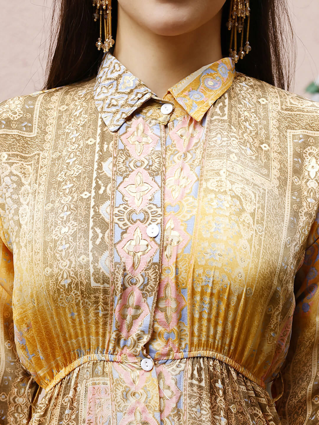 Mustard Crepe Foil Printed Long Dress - Michan - Distacart