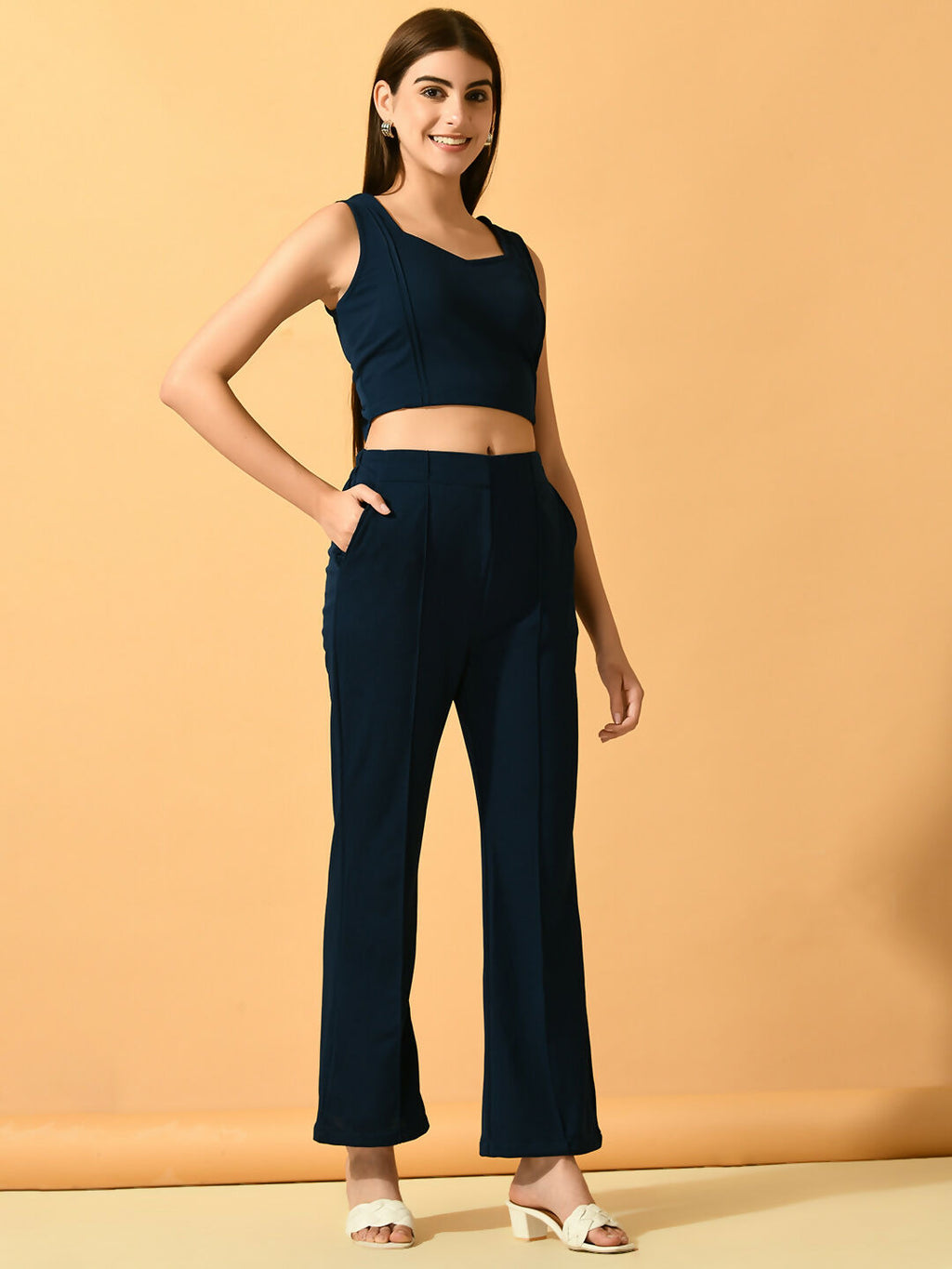 Myshka Women's Navy Blue Solid Top With Trousers