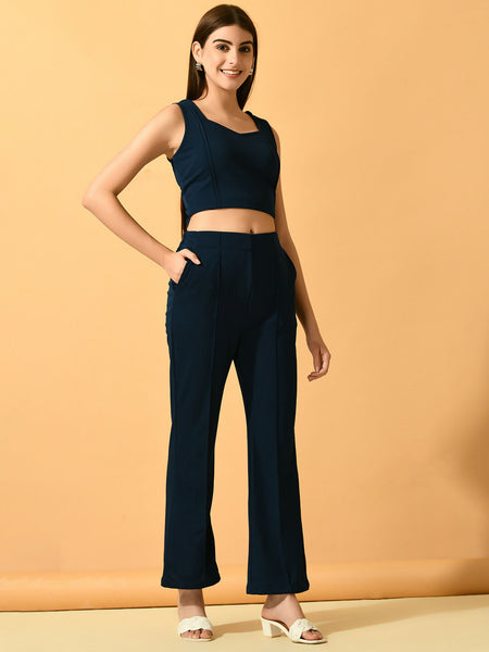 Myshka Women's Navy Blue Solid Top With Trousers