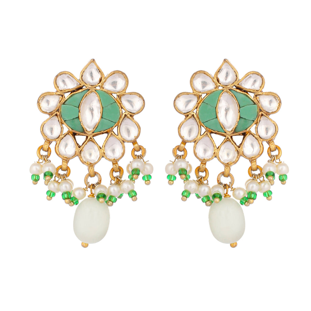 Nuyug 22K Gold Plated Semi Precious Green Stone Studded Pearl Drop Stud Earrings - Distacart