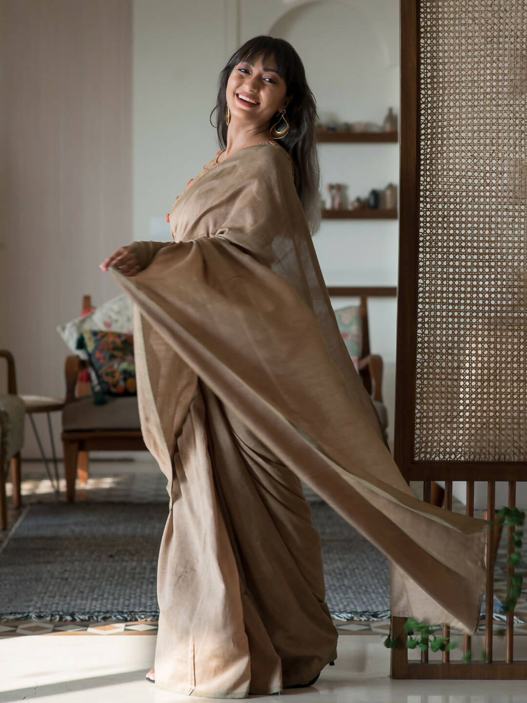 Suta Taupe Solid Cotton Blend Saree