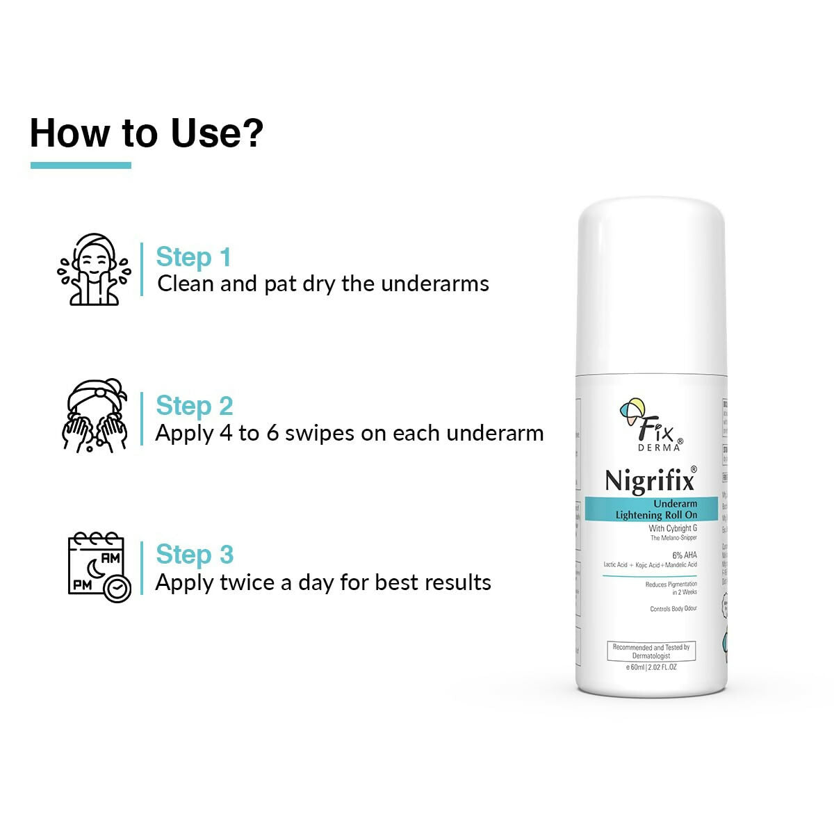 Fixderma Nigrifix Underarm Lightening Roll on with 6% AHA, Lactic Acid & 1% Mandelic Acid, Brightens Skin & Exfoliates Underarm - Distacart